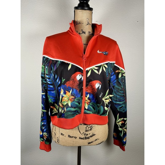 Nike Sportswear Jacket Womens Large Red Tropical Full Zip Lightweight Cropped - Picture 2 of 11